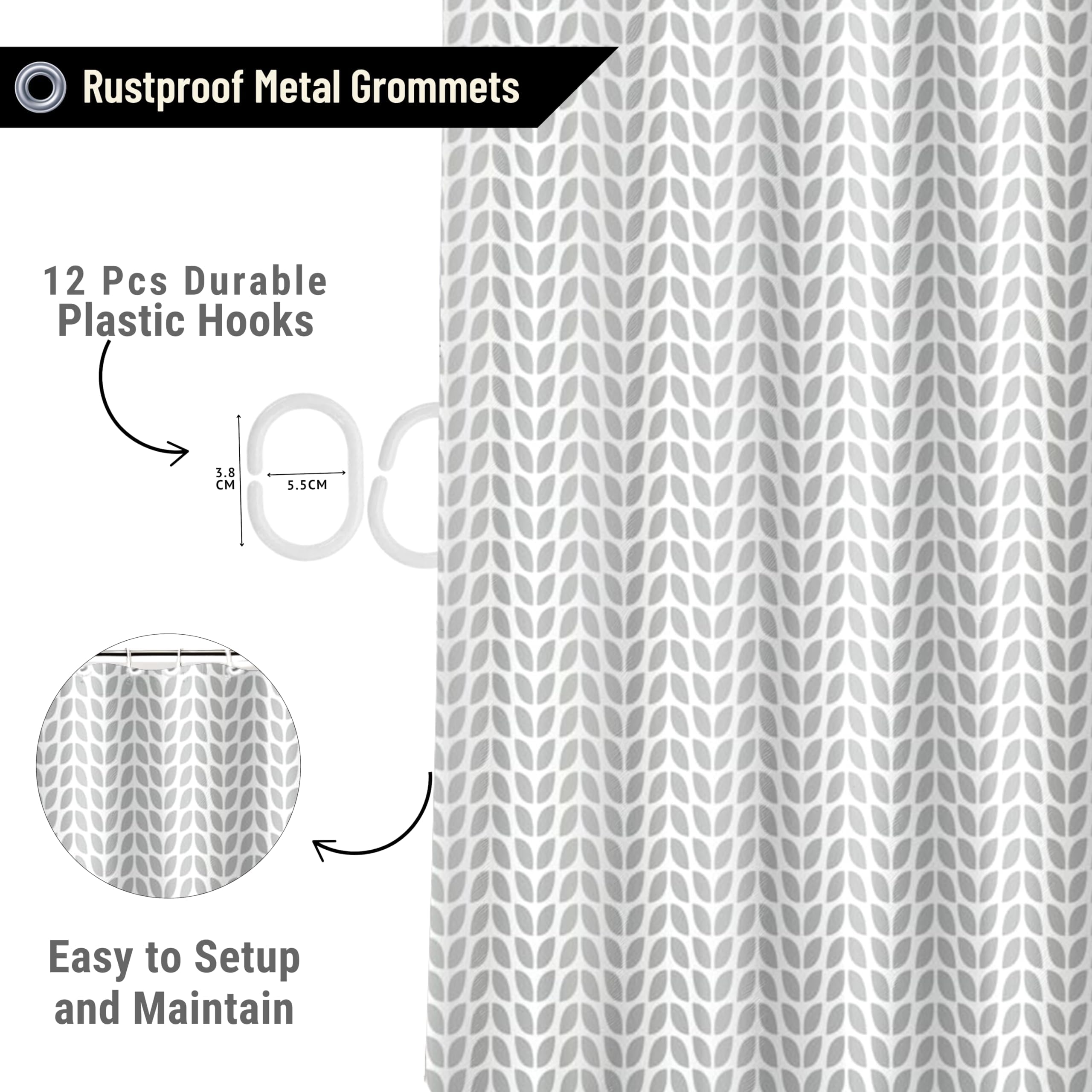 HOMETHREADS Embrace Luxury with Our 6-Feet Long Premium Polyester Shower Curtain with 12 Hooks for a Lavish Bathroom Ambiance | Stylish, Splendid, and Perfectly Sized (Grey_Leaf, 180x200cm) — Amazon image 2