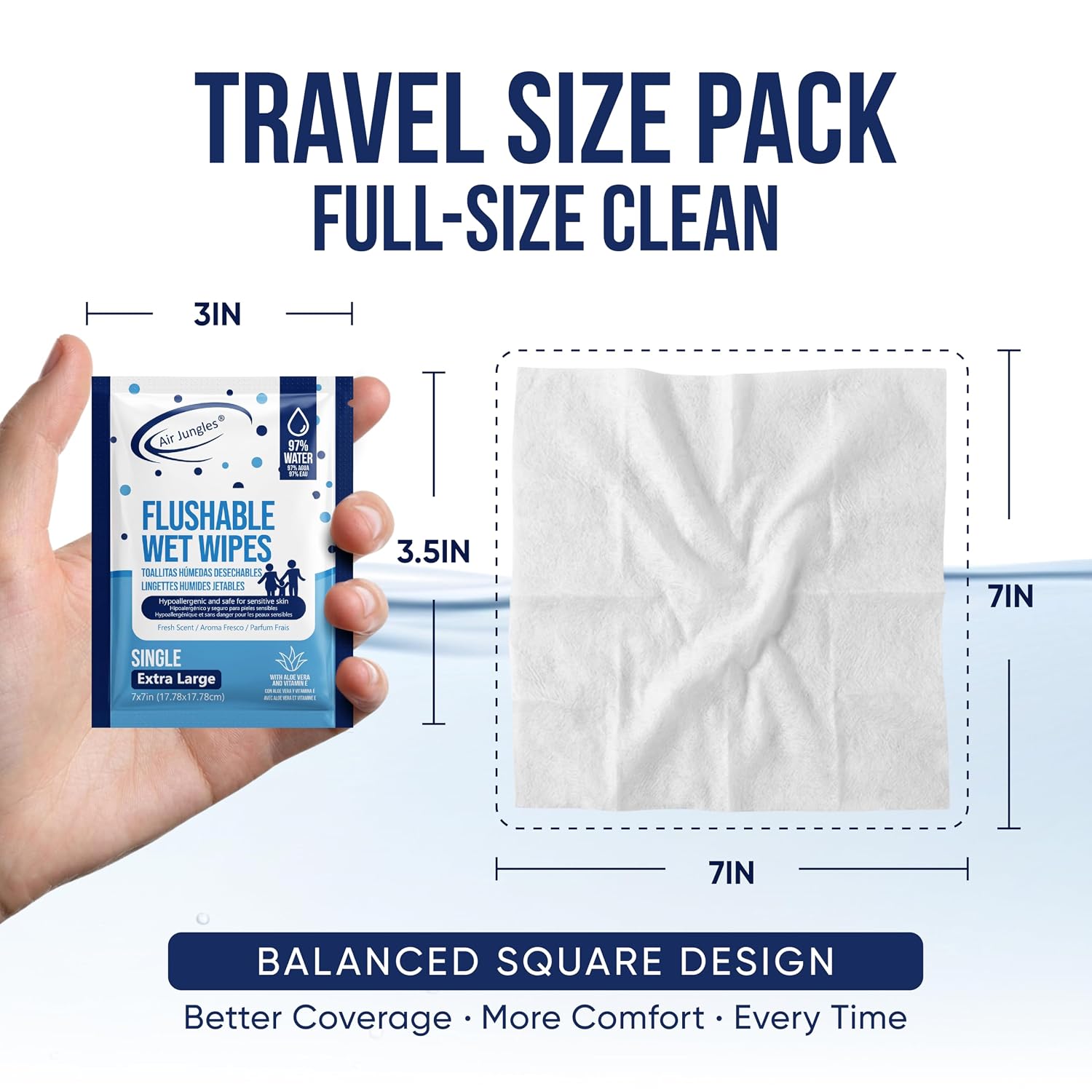 Air Jungles Flushable Wipes Travel Size Individually Wrapped 50 Ct, On-the-Go Butt Wipe with Aloe Vera & Vitamin E, Ultra Soft and Large for Adult and Kid, 97% Water - XL 7 X 7 in, Fresh Scent