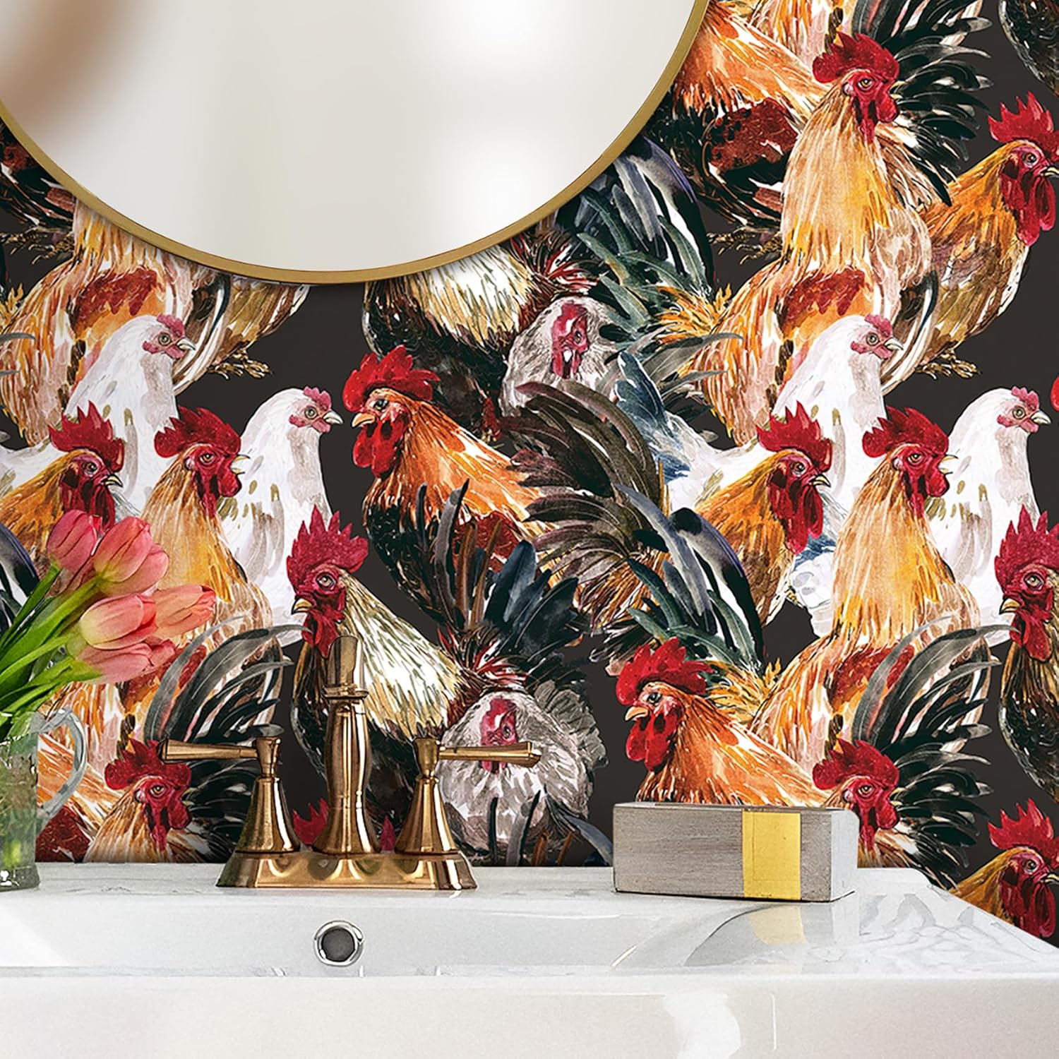 Livelynine 17.5x276 Black Chicken Wallpaper Peel and Stick for Kitchen Cabinet Covering Vinyl Kitchen Wall Paper Waterproof Removable Farmhouse Rustic Brown Contact Paper Dishwasher Cover Boho Chic