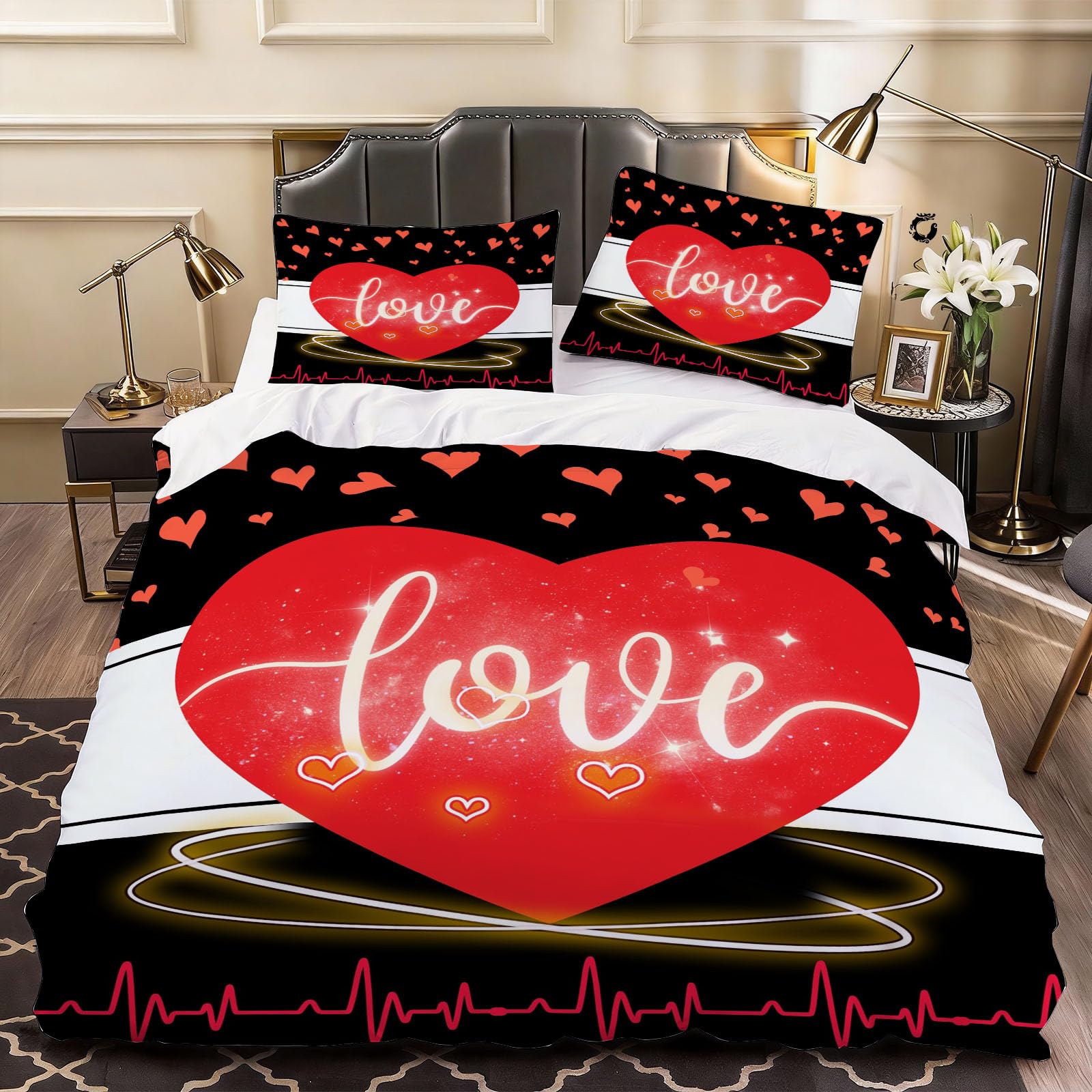 3D Love Pattern Romantic Duvet Cover Hearts Bedding Super King Bed Set, Soft Microfiber Comforter Cover Printed with Zipper Closure Quilt Coverr 260x220 cm and 2 Pillowcases