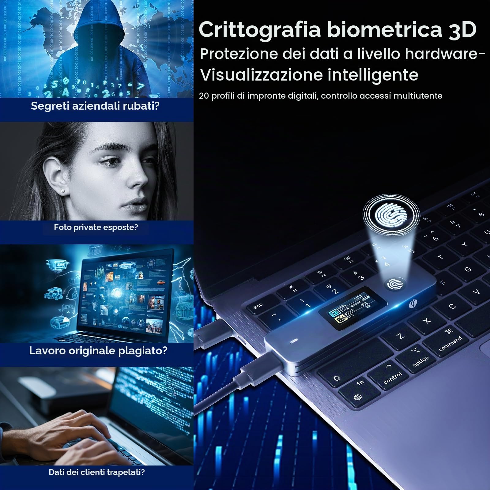 VCOM Enclosure SSD con crittografia delle impronte digitali con schermo LCD, custodia per disco rigido USB 3.2 Gen2 da 10 Gbps, supporto M.2 NVMe e SATA SSD, unità esterna crittografata hardware per