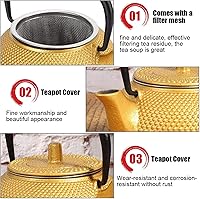 Vista 3 de Agatige Tetera de hierro fundido con infusor, tetera para estufa, teteras de té de hierro fundido dorado, tetera japonesa de tetsubin para estufa