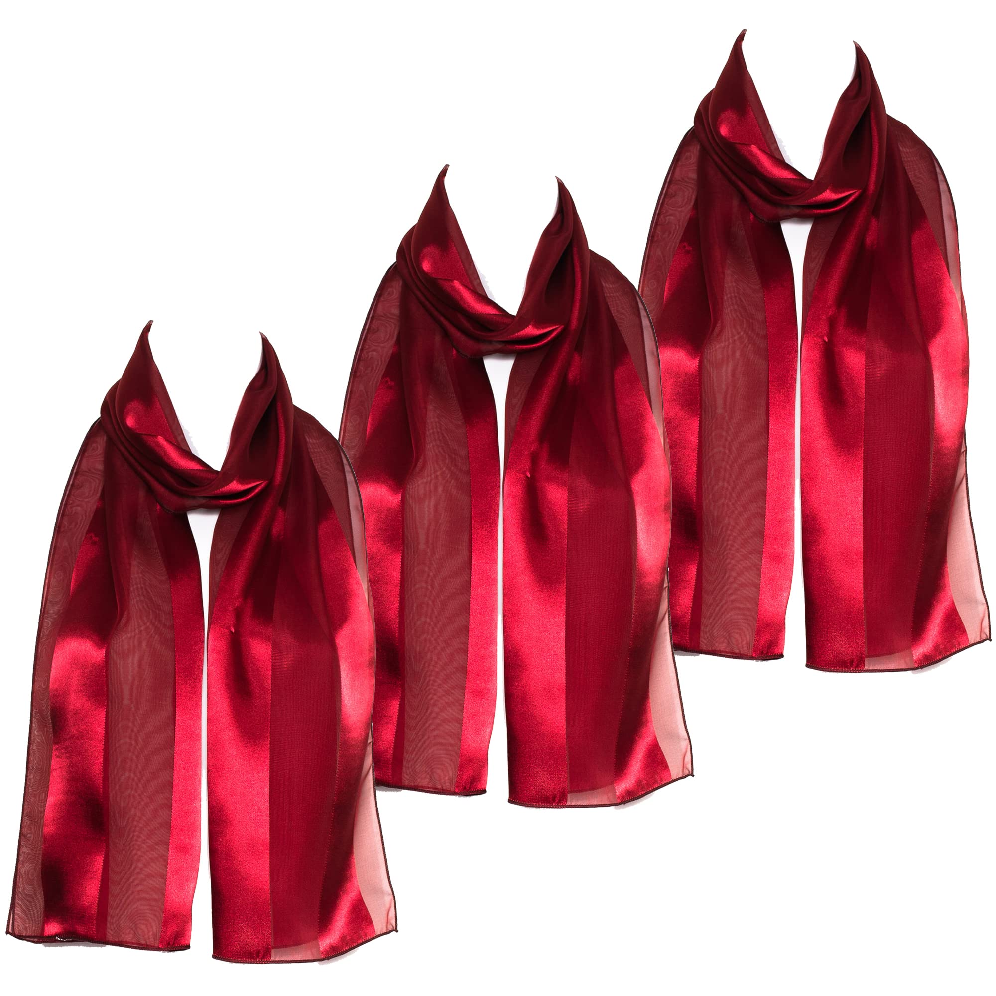 Hat To Socks Plain Elegant Chiffon Satin Scarf Pack of 3 (Burgundy)