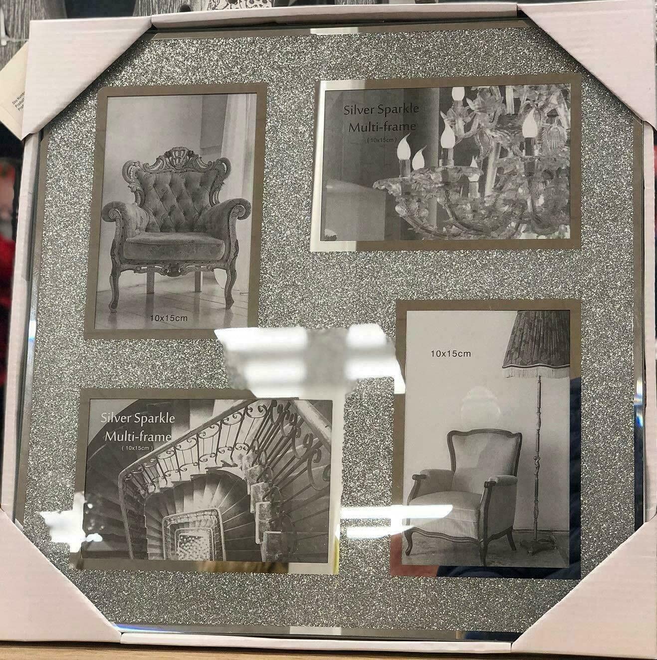 Deenz Silver 4 Picture Frame Mirrored Crushed Jewel Crystal Diamante Photo Frame