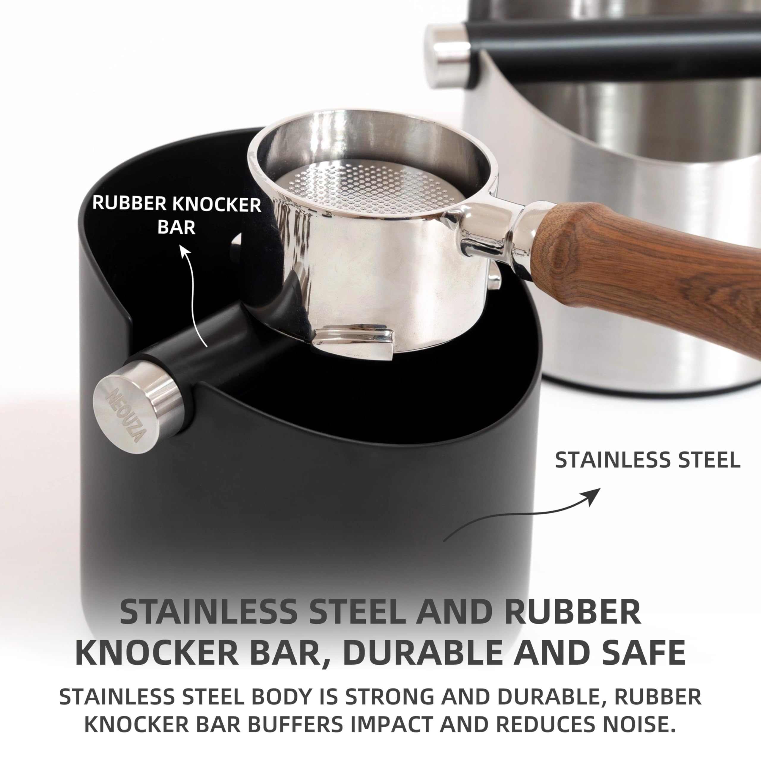 NEOUZA Knock Box - Pattumiera per macchina da caffè espresso, accessorio da barista, assorbe gli urti, con barra in metallo rimovibile (nero, M)