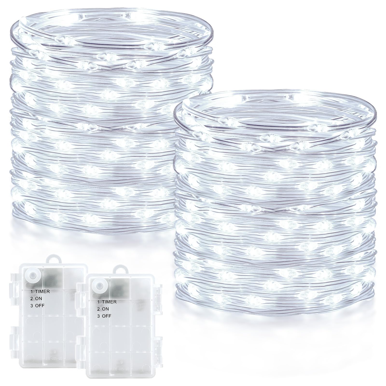 Dalugo Outdoor Battery Fairy Lights Timer, Total 200LED 66Ft Waterproof Battery Operated String Lights for Indoor Outdoor Christmas Decorations,Cool White, 2 Pack