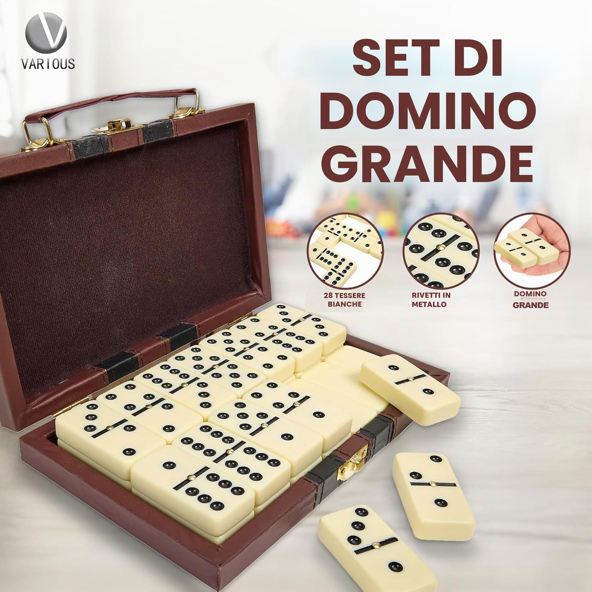 Various Domino Double 28 Gettoni Scatola In Similpelle, Gioco Da Tavolo Classico Per Bambini E Adulti