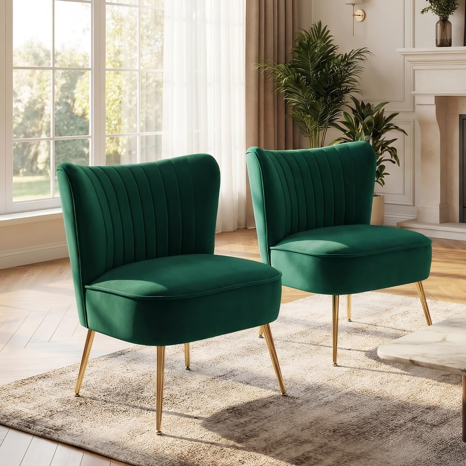 DUOMAY Modern Accent Chair Set of 2 Velvet Slipper Chair with Gold Legs Wingback Side Chair for Living Room Bedroom Entryway Small Corner Chair for