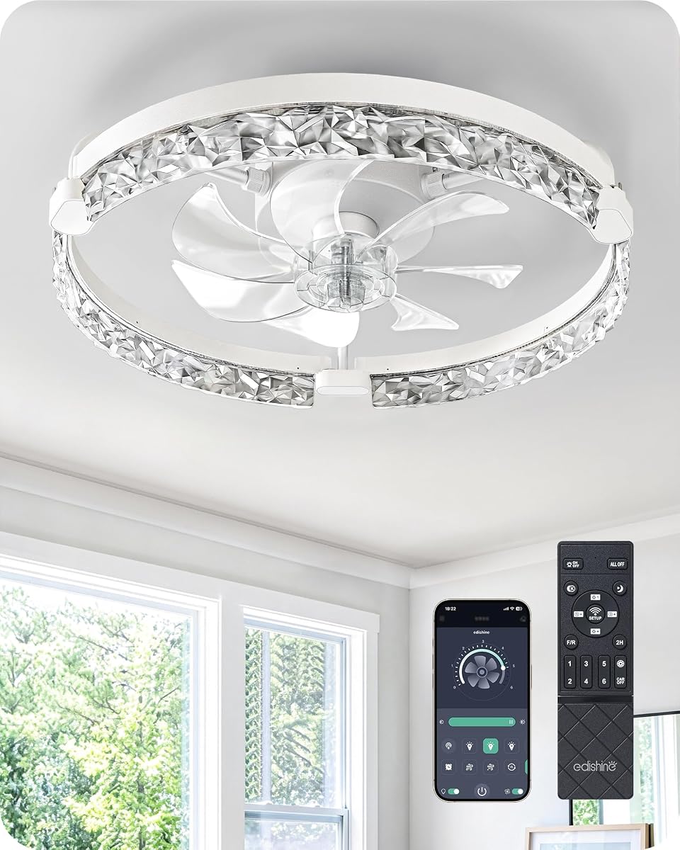 20" Ceiling Fans with Lights and Remote,3000-6000K Dimmable | Modern Low Profile Flush Mount Fandelier, 6 Speeds, DC Motor, LED Modern Bladeless Fan Light for Bedroom, Living Room, White