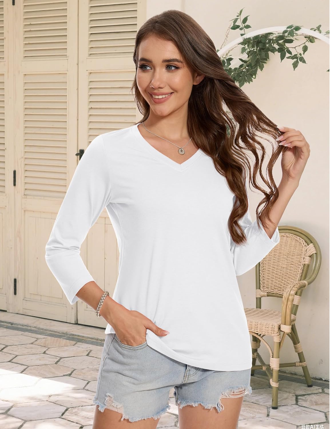 MAGCOMSEN 3/4 Sleeve T Shirts for Women V Neck Tshirts Cotton UPF50+ Summer Tops Casual T-Shirts Basic Tees 2025 - Image 5