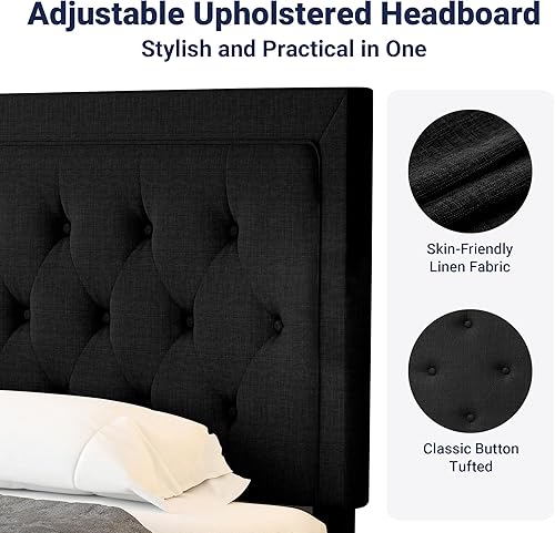 Miniatura 4 de Allewie Base de cama tapizada de tamaño matrimonial con cabecera ajustable, botón acolchonado, soporte de listones de madera, fácil montaje, color