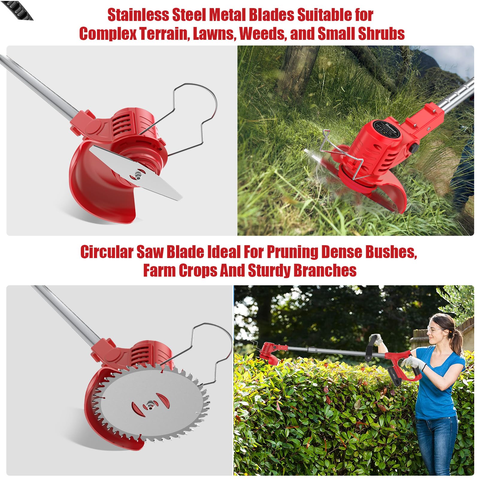 Debroussailleuse Electrique sans Fil, Coupe Bordure sans Fil avec 2 Batterie 21V 2000mAh et 2 Types de Metal Lames, Poignée réglable, Coupe Bordures pour la Coupe de Jardin et Pelouses, Rouge Clair