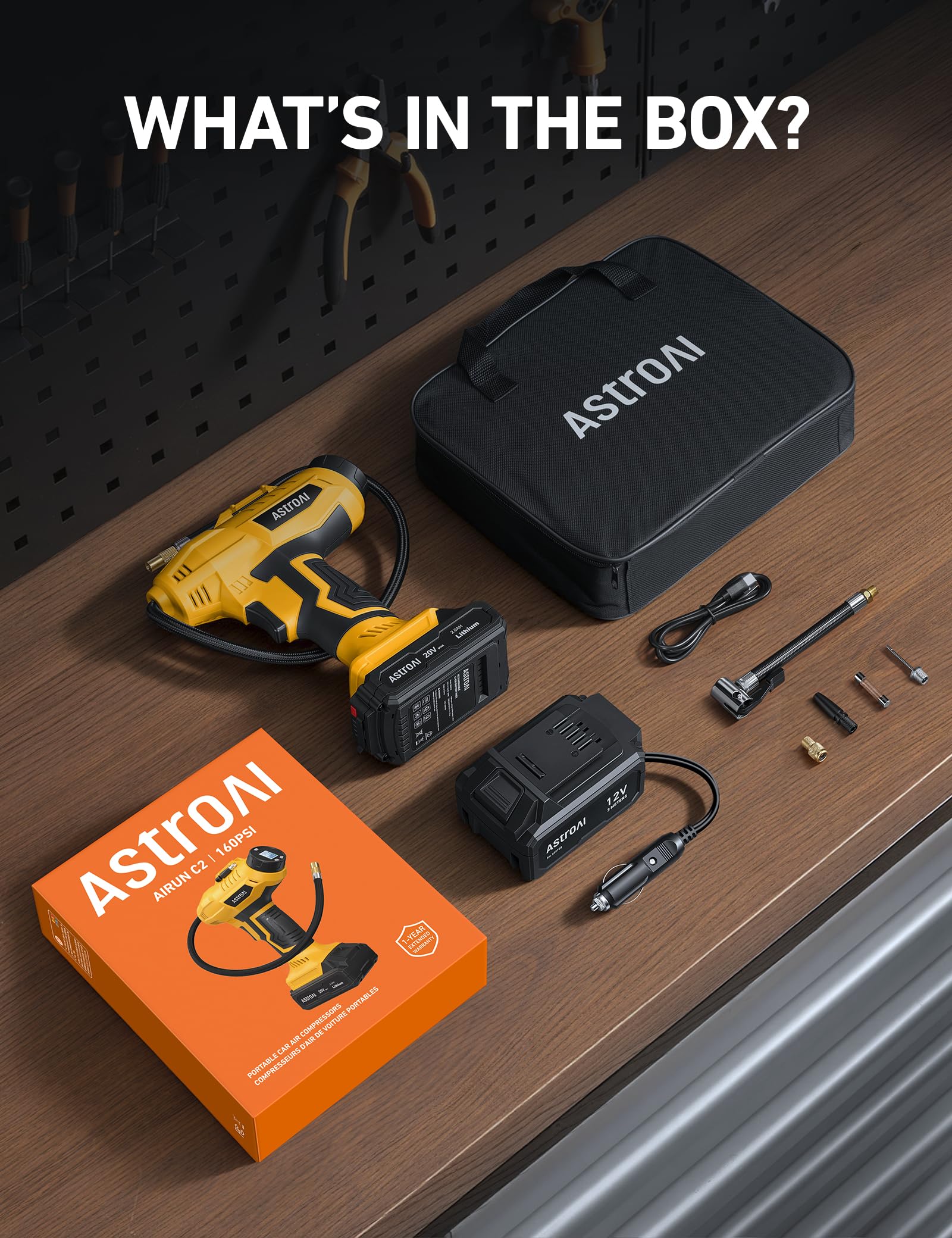 AstroAI Compresseur d'air 2 en 1 à cylindre métallique 20V batterie & 12V alimentation voiture Compresseur électrique portable sans fil 160PSI Pompe à air numérique pour voitures motos