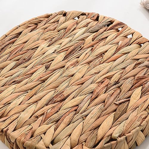 Miniatura 7 de Cedilis Juego de 3 bandejas redondas de frutas de hierba, bandeja de mesa auxiliar tejida a mano, bandeja de almacenamiento decorativa para