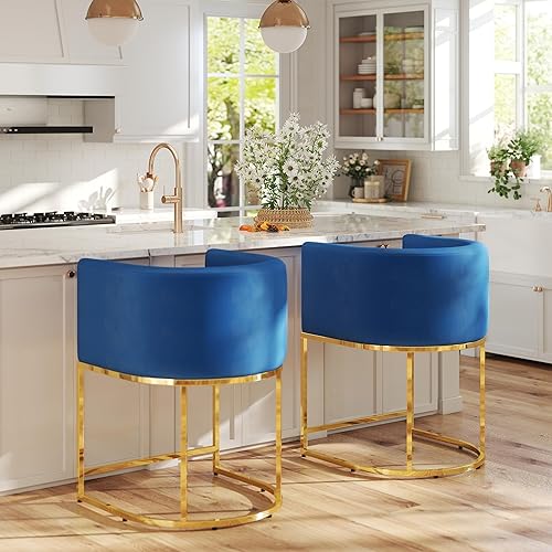 Miniatura 3 de Juego de 2 taburetes tapizados de tela de terciopelo modernos de 24 pulgadas con marco de metal con acabado dorado, azul marino