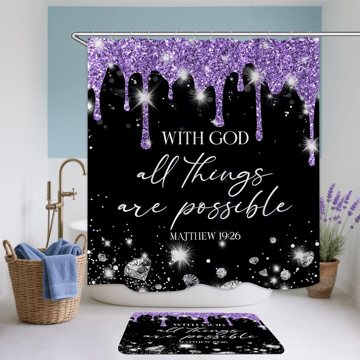 4 Pcs Black Purple Diamonds Shower Curtain Set with Rugs and Toilet Lid Cover, Black White Bible Verse Waterproof Fabric Bathroom Set, Christian Scripture Shower Curtain Bathroom Decor Set Accessories