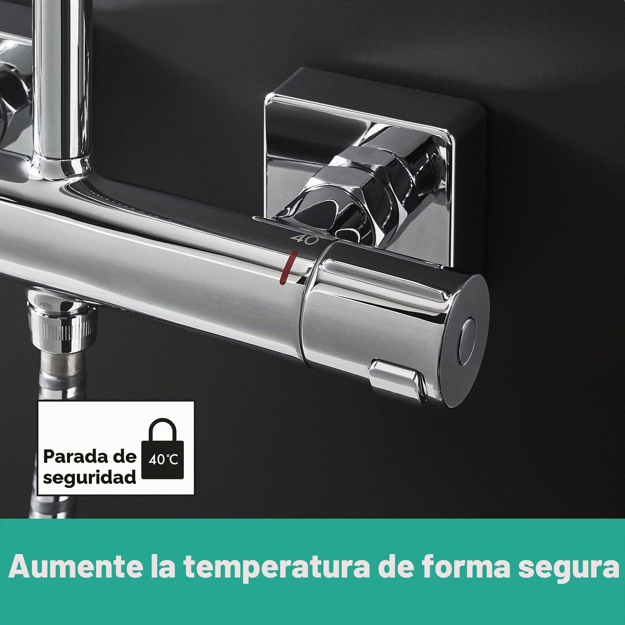 hansgrohe Vernis Shape - sistema de ducha con termostato, ducha lluvia (230 x 170 mm) con grifo, ducha de mano (2 tipos de chorro), flexo, barra, ducha fija rectangular (1 tipo de chorro), cromo