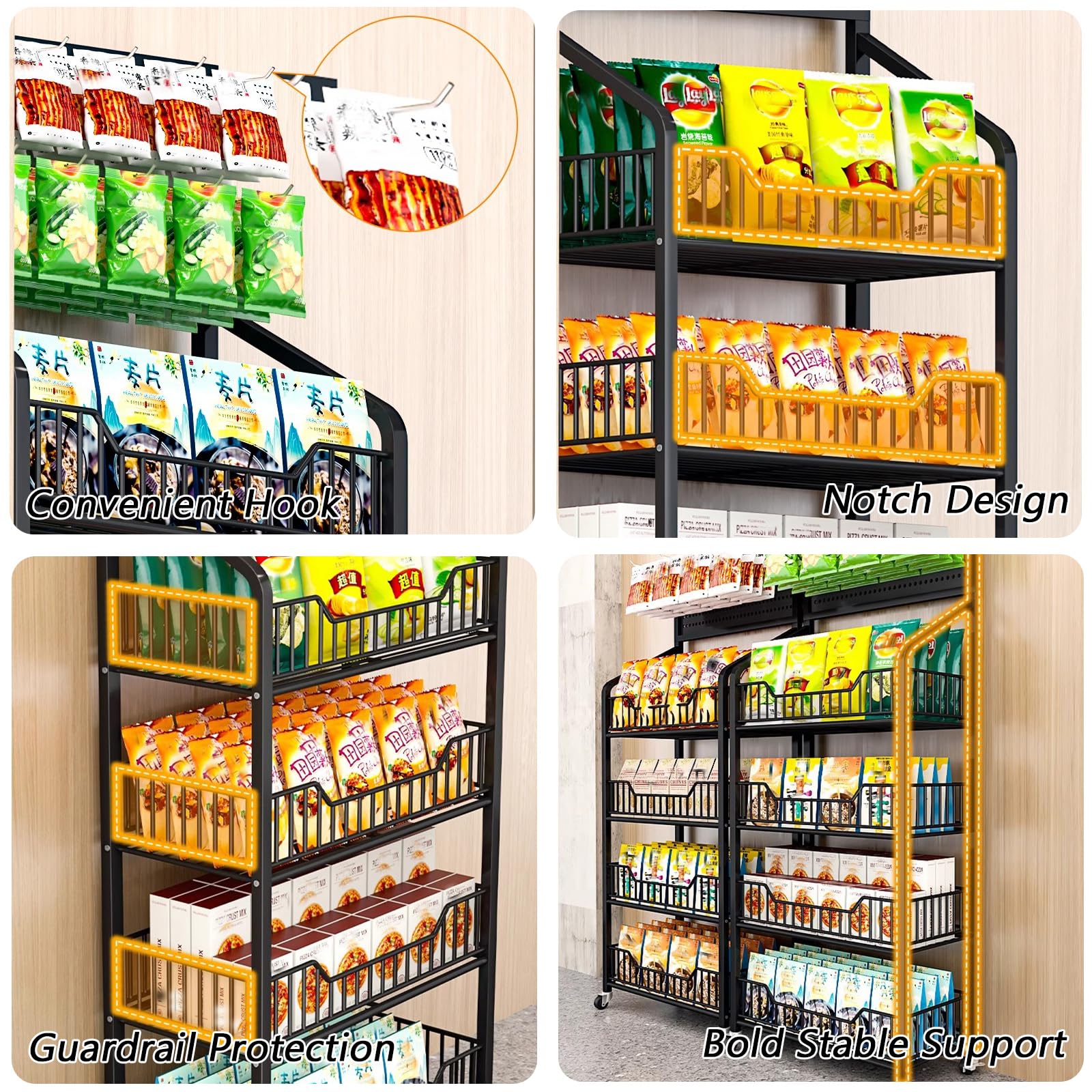 Espositore per vendita al dettaglio a 5 livelli, in metallo resistente, con ruote e 15 ganci, scaffale per riporre oggetti, con serratura per dispensa di generi alimentari domestici