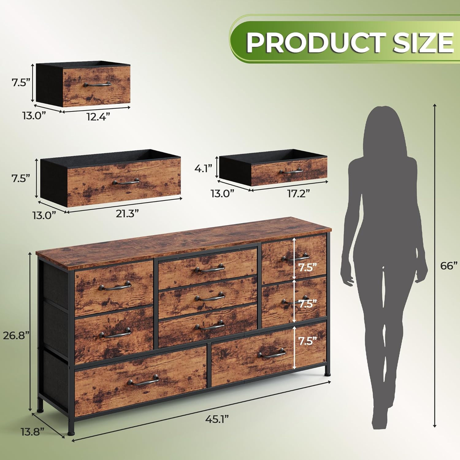 Furnulem 45” Long Dresser for Bedroom, TV Stand with Storage, 9 Drawer Fabric Dresser for Organization, Entertainment Center &Chest of Drawers for Bedroom, Living Room, Hallway, Wood Top, Rusitc Brown
