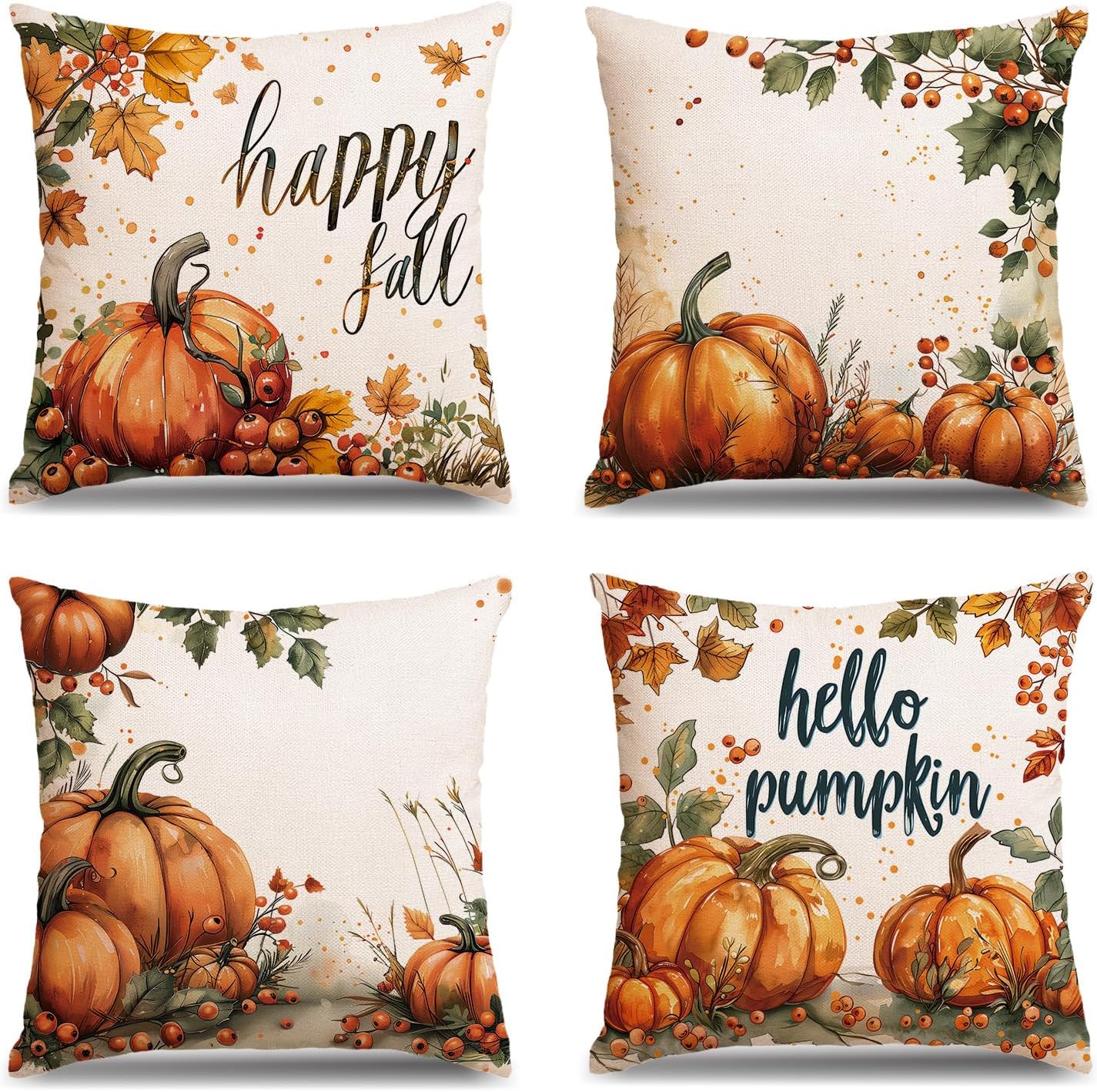 MEHOFOND Fall Pumpkin Pillow Covers 18x18, Happy Fall Hello Pumpkin Throw Pillow Covers Autumn Orange Maple Leaves Decor Pillow Cases Set of 4 Orange 18" x 18" (Pack of 4)