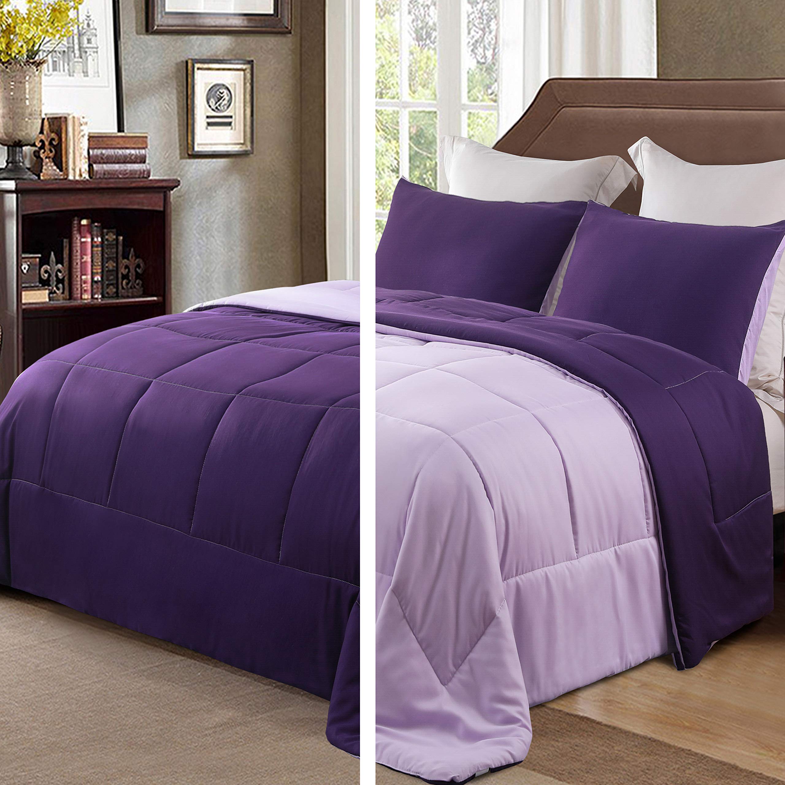 Exclusivo Mezcla Lightweight Reversible 2-Piece Comforter Set All Seasons, Down Alternative Comforter with 1 Pillow Sham, Twin Size, Deep Purple/ Lilac