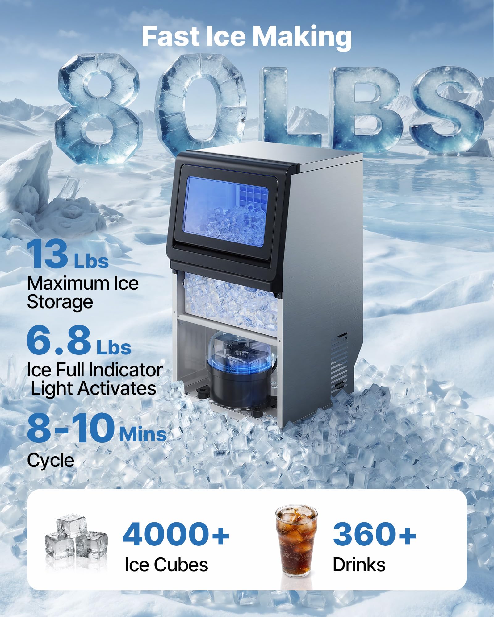 VEVOR Macchina per Ghiaccio in Acciaio Inox 36kg/24h Stoccaggio 3-6kg Bar | Autoportante, Funzione Autopulente, Display LED, per Preparazione Bevande Fredde, Casa, Bar, Caffetterie, Ristorante, Feste