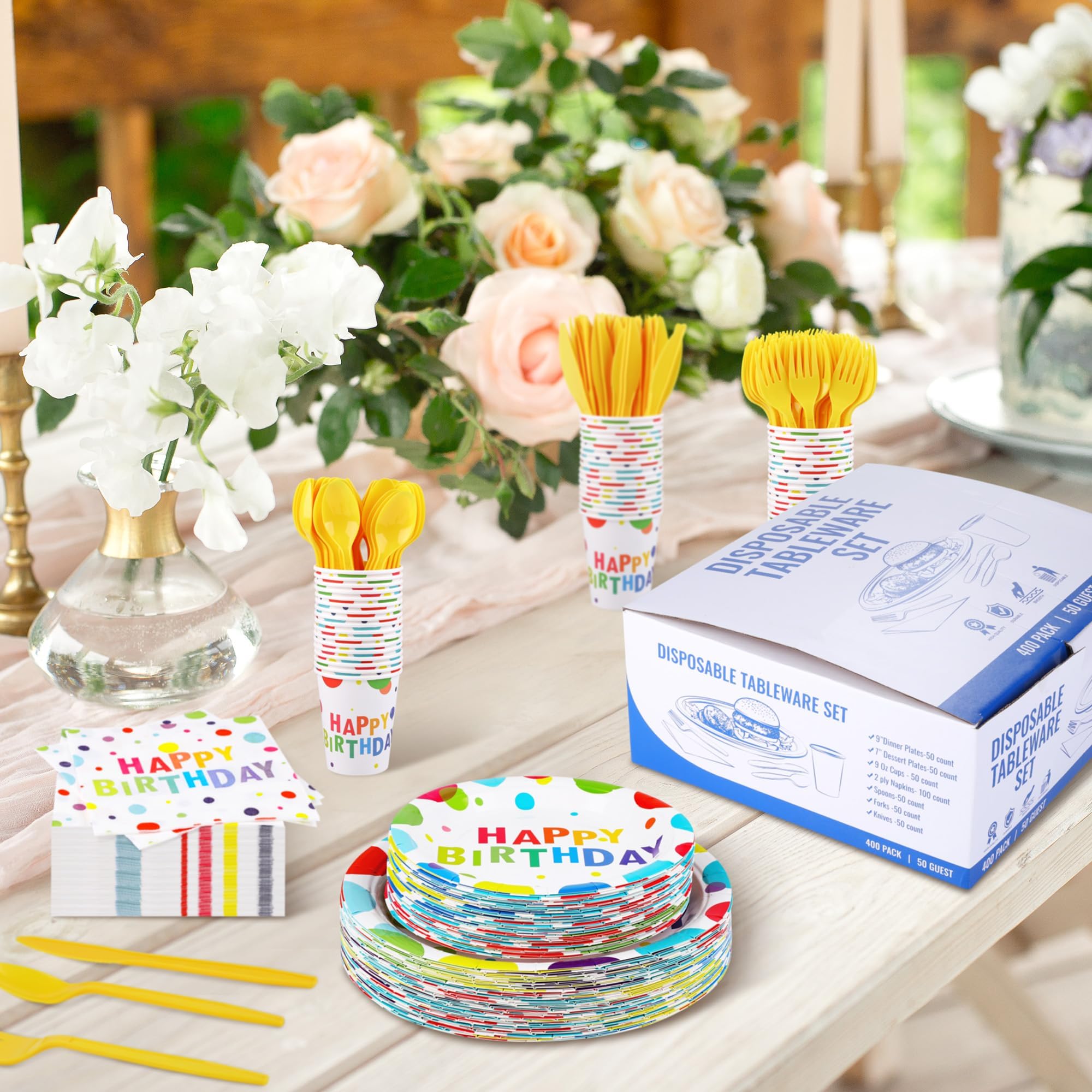 Kochorie 400 Pieces Happy Birthday Party Decorations Including Disposable Paper Plates Cups Napkins Tableware Sets Serves 50 for Birthday Party Supplies