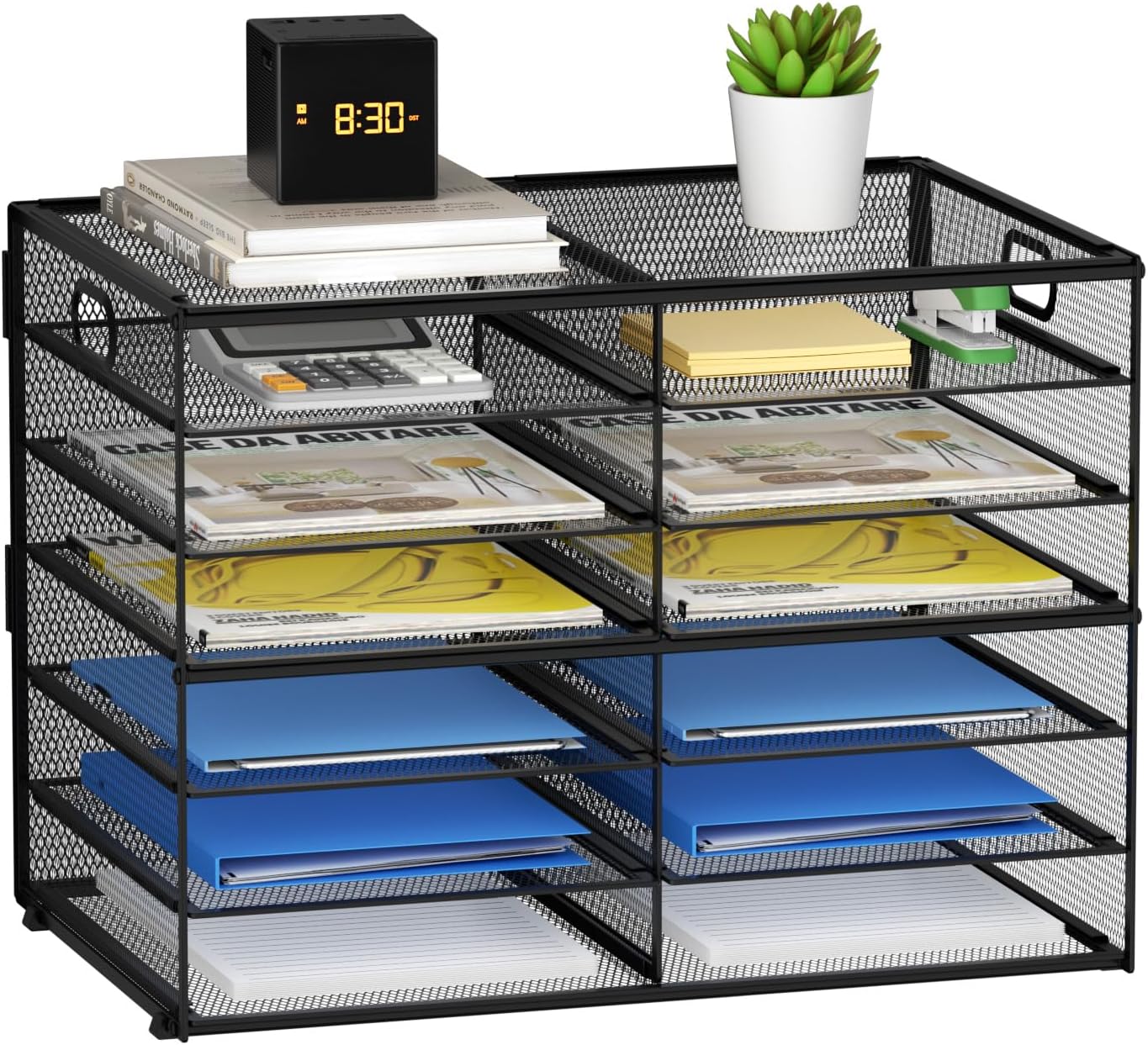 Lavatino 8-Tier Mesh Letter Tray Organizer — Desk File Sorter For Papers, Mail, Magazines, Pink With Handle - View #10
