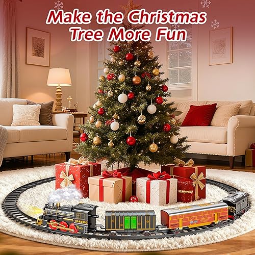 Miniatura 7 de Juego de tren de Navidad para niños, juguetes de pista de tren de 2 capas con humo, luz y sonido, vías de tren de construcción para niños de 4 a 8
