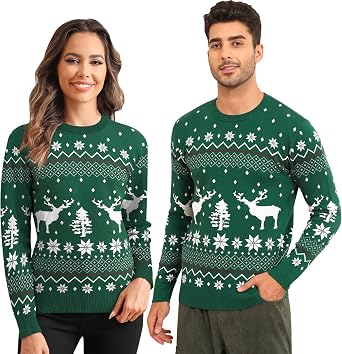 LecGee Christmas Sweater Couple Roundneck Reindeer Snowflakes Ugly Long Sleeve Knitted Sweater Pullover Slim Fit Men Women