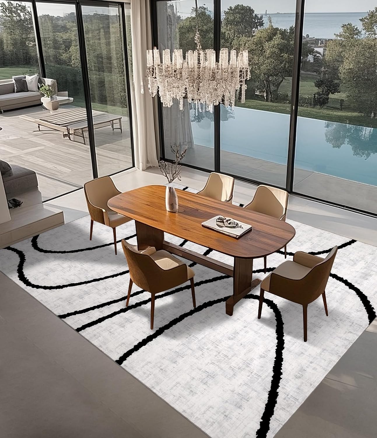 yihouse modern area rugs for living room, 9x12 washable black and white rug, thin abstract geometric striped rug, area rug for bedroom,kitchen,dining room,office curved lines 9' x 12' (rectangular)