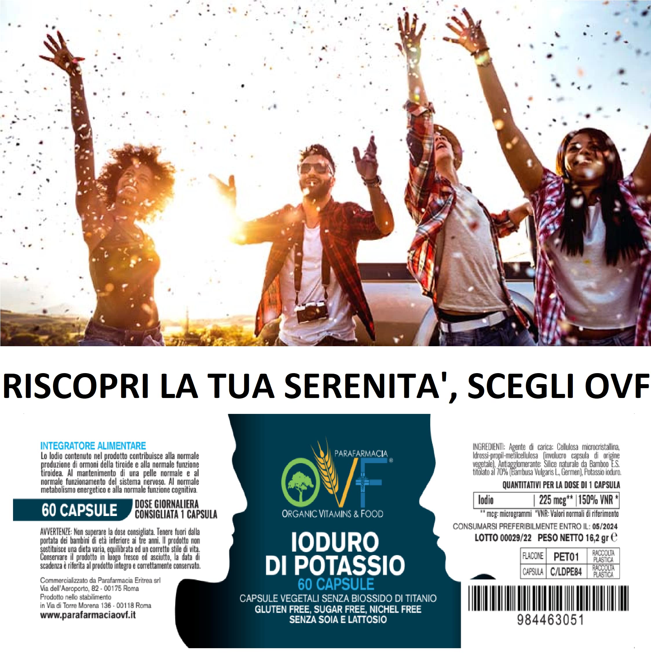 OVF integratore iodio puro 225 mcg (150% VNR), 60 capsule di potassio ioduro per proteggere la tiroide, pillole ioduro di potassio per una scorta di 2 mesi