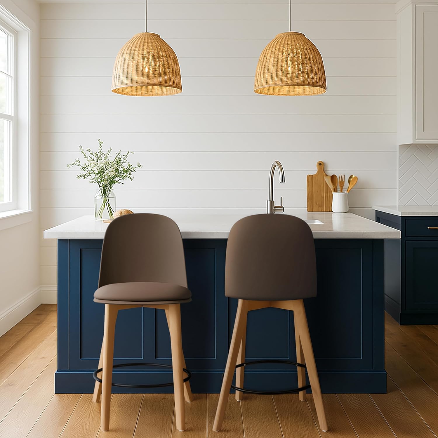 2xhome Set of 2 Counter Height Barstools | Mid Century Modern PU Leather Padded Seat | Solid Wood Legs with Round Metal Footrest | Kitchen Island Bar Chair | Non-Slip Feet, Brown