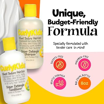 CurlyKids Super Detangle Kids Shampoo & Conditioner Set, Frizz-Free Care for Curly, Kinky, Wavy, and Frizzy Hair - Sulfate & Paraben-Free Hair Care
