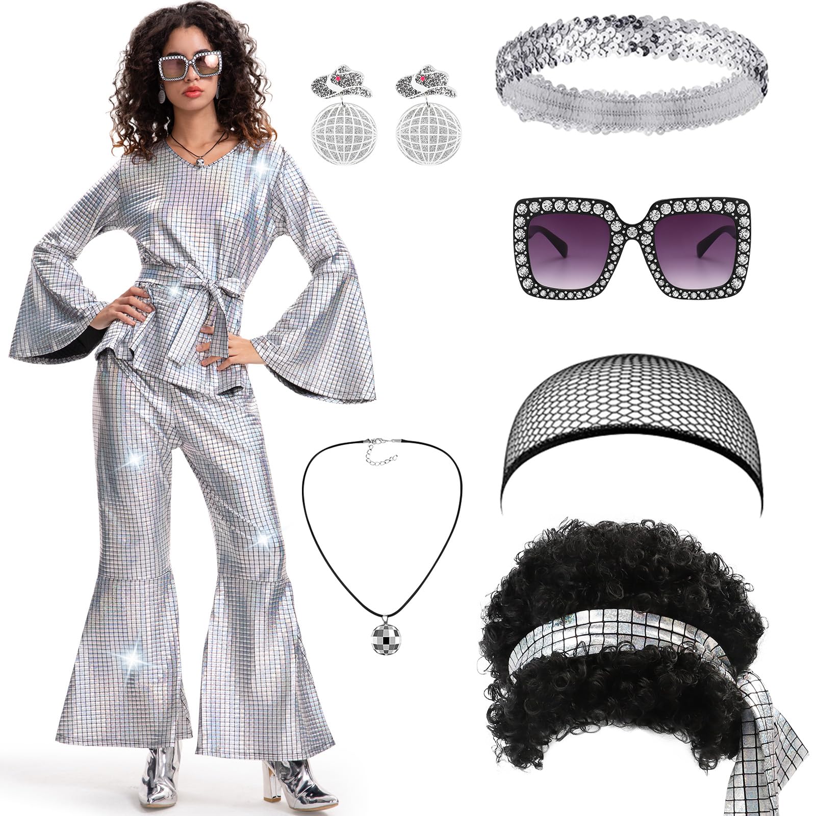 Ulikey Costume da Discoteca da Donna, Brillante 9 Pezzi Set da Discoteca da Donna Vestito Anni 70 con Orecchini, Collana, Occhiali da Sole, Parrucca per Carnevali, Riunioni di Famiglia