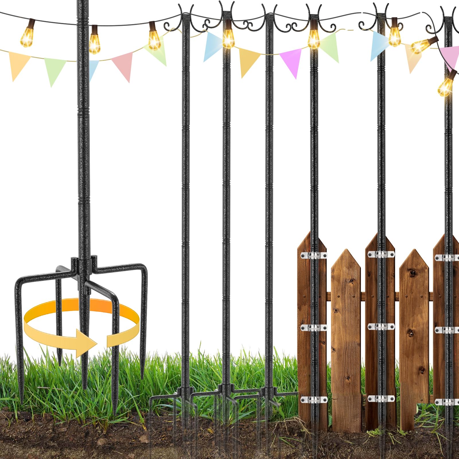 StarryEver 6 Pack Outdoor String Light Poles, 3M/10FT Adjustable Height Metal Lights Hanging Pole with 2 Hooks and Rustproof, for Patio Garden Deck Backyard Lawn Sunshade and Decor