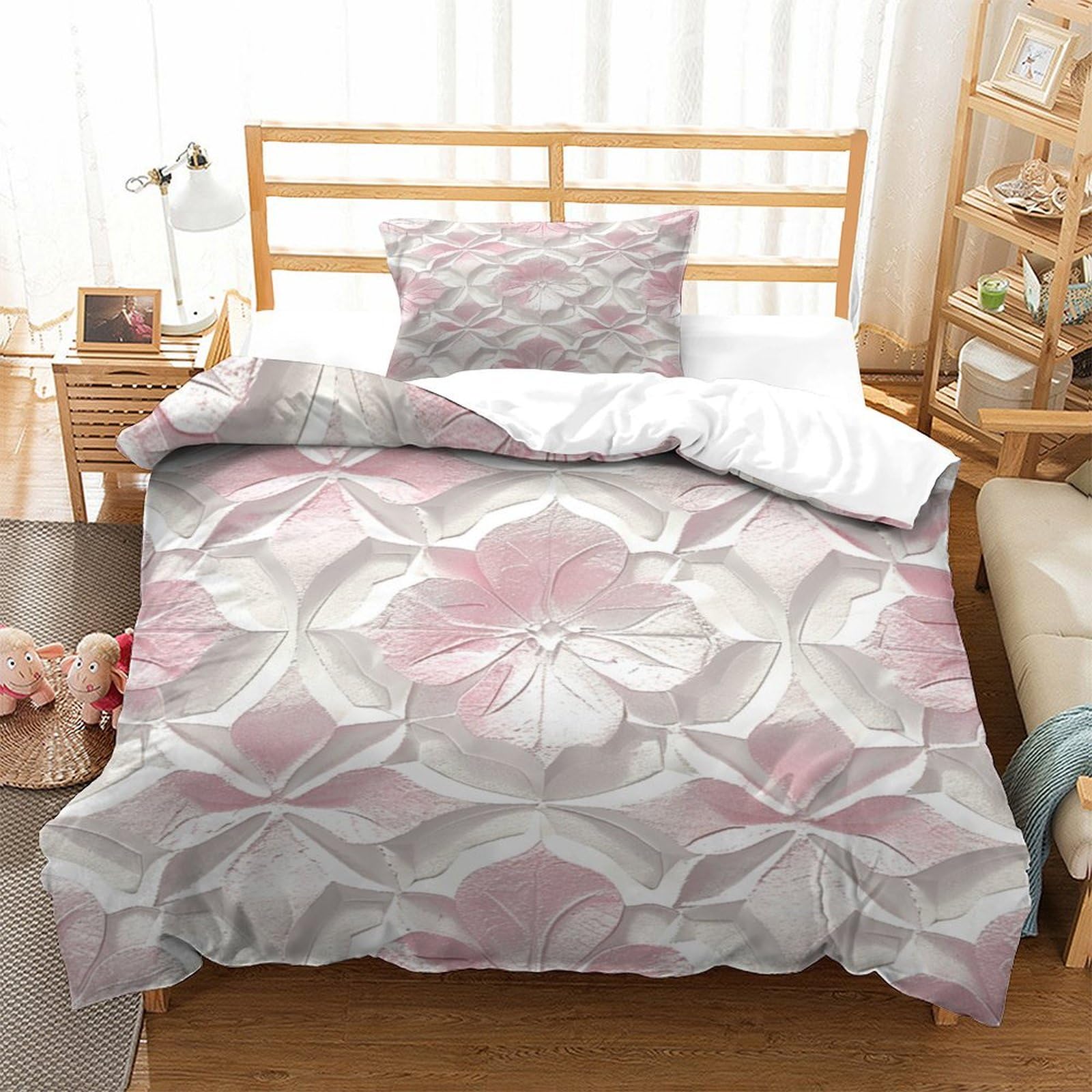 P1S9U7W5Y 3D Printed Geometric Floral Pattern Duvet Cover Set 3pcs Microfiber Flower Bedding Set Single（135x200cm）