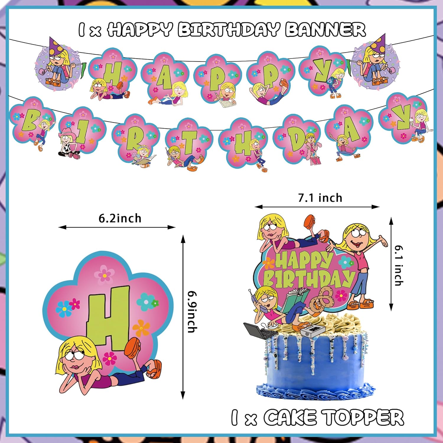 Cartoon Lizzie Birthday Party Decoration, Include Birthday Banner, Cake Topper, Latex Balloons, Hanging Swirls, for Lizzie Theme Party Supplies Favors