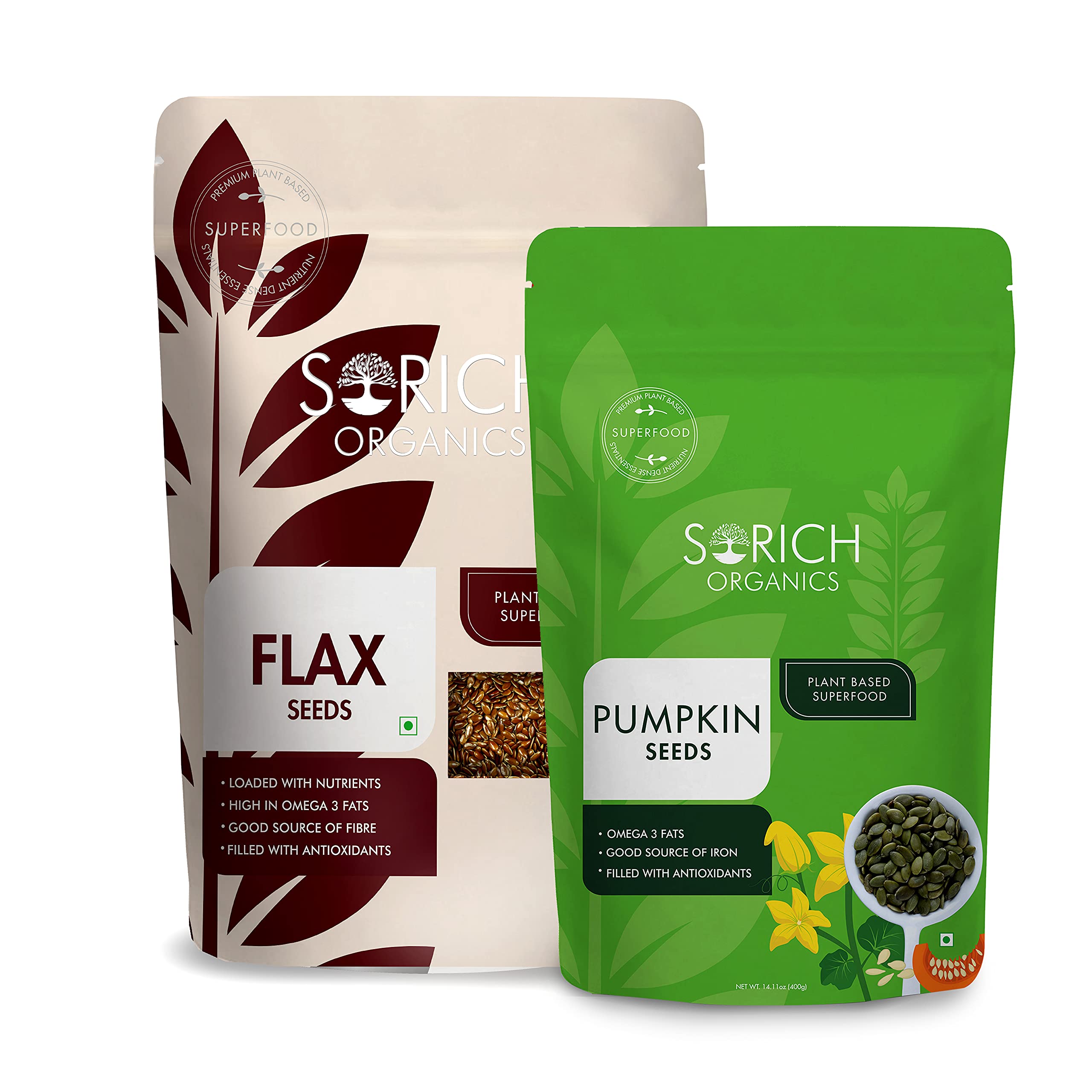 Sorich Organics Raw Flax Seeds 900g & Pumpkin Seeds 400g – 1300g Superfood Combo | Rich in Protein, Iron & Fiber | Mix Seeds for Eating | Healthy Diet Food | Aids Digestion & Immunity