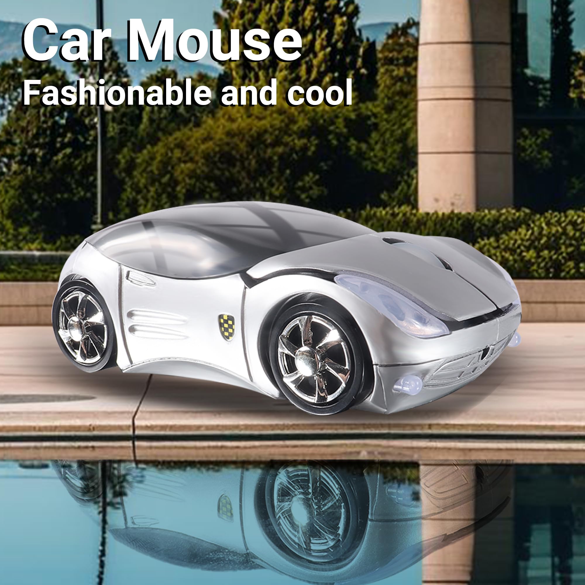 elec Space Ratón inalámbrico, ratón óptico ergonómico en forma de coche deportivo 3D, mini ratón para niños, mouse de computadora para computadora portátil con funda de mouse (plateado)