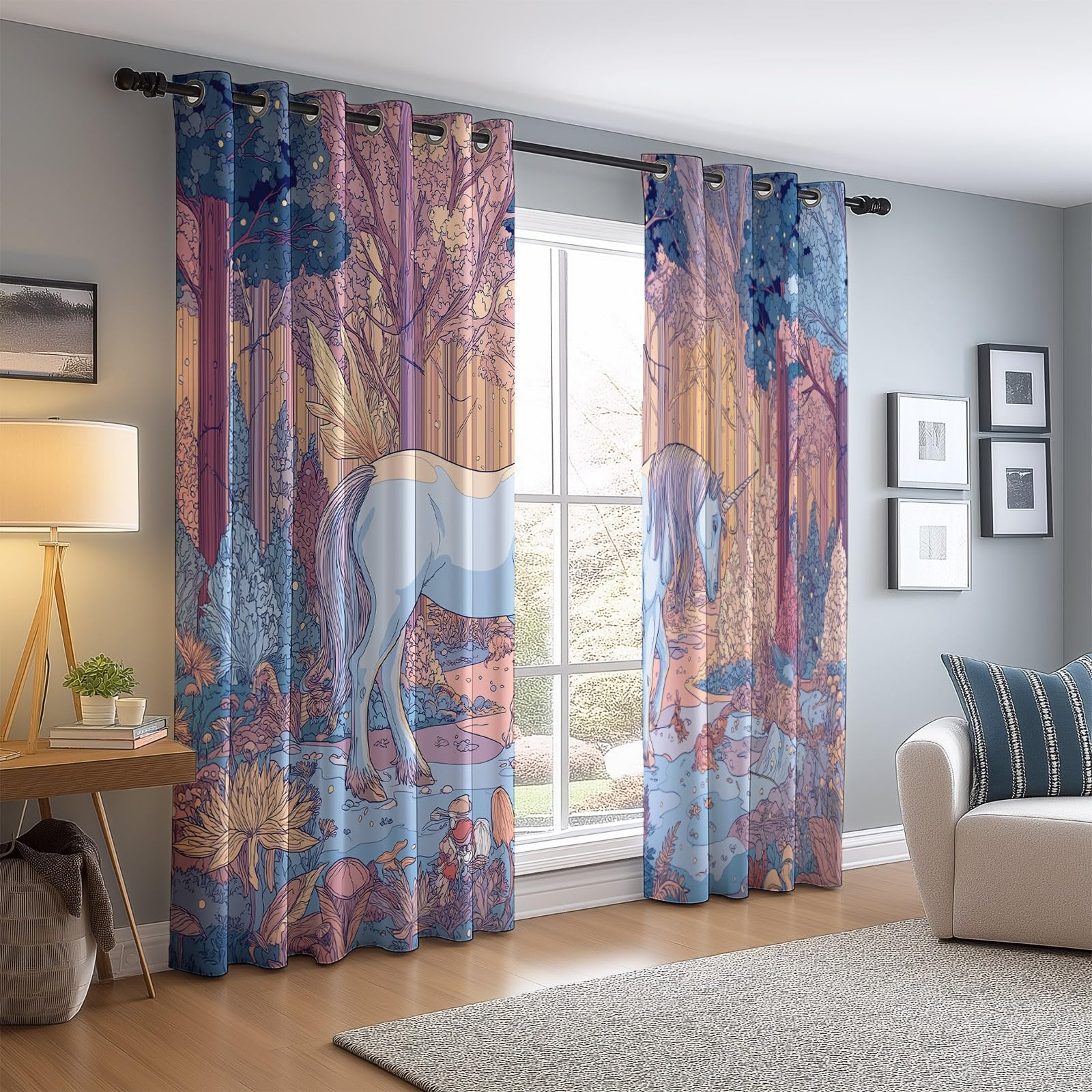 Rideaux à Oeillets 70L X 240H cm (2 Panneaux), Licorne De Dessin Animé, Isolant Opaque pour Balcon et Porte-Fenêtre, Jaune Clair