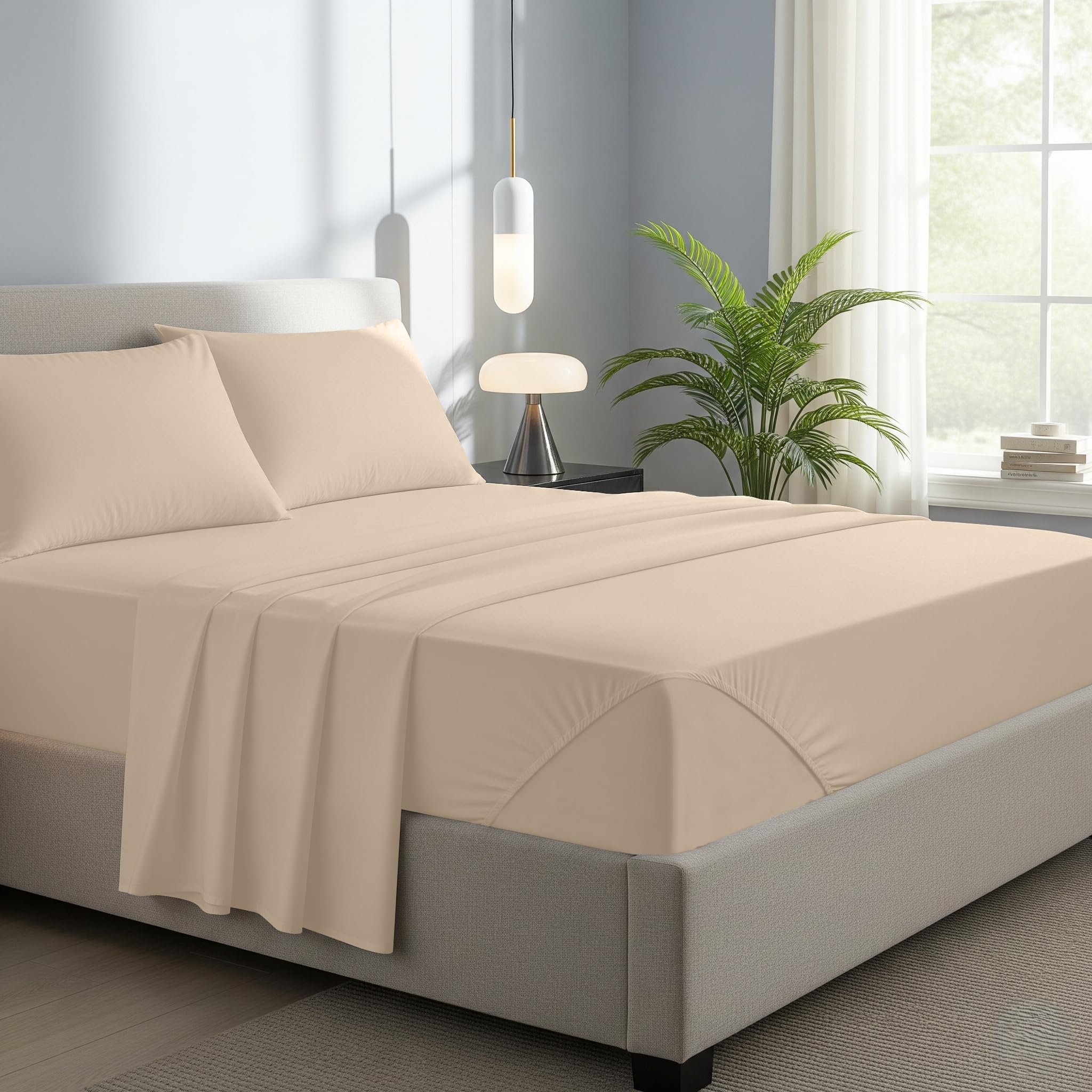 Novexa 100% Egyptian Cotton Single Fitted Sheets 400 Thread Count 40cm Deep Bed Sheet Luxury Ultra Soft Bottom Beige Fitted Bedsheets โ image 1