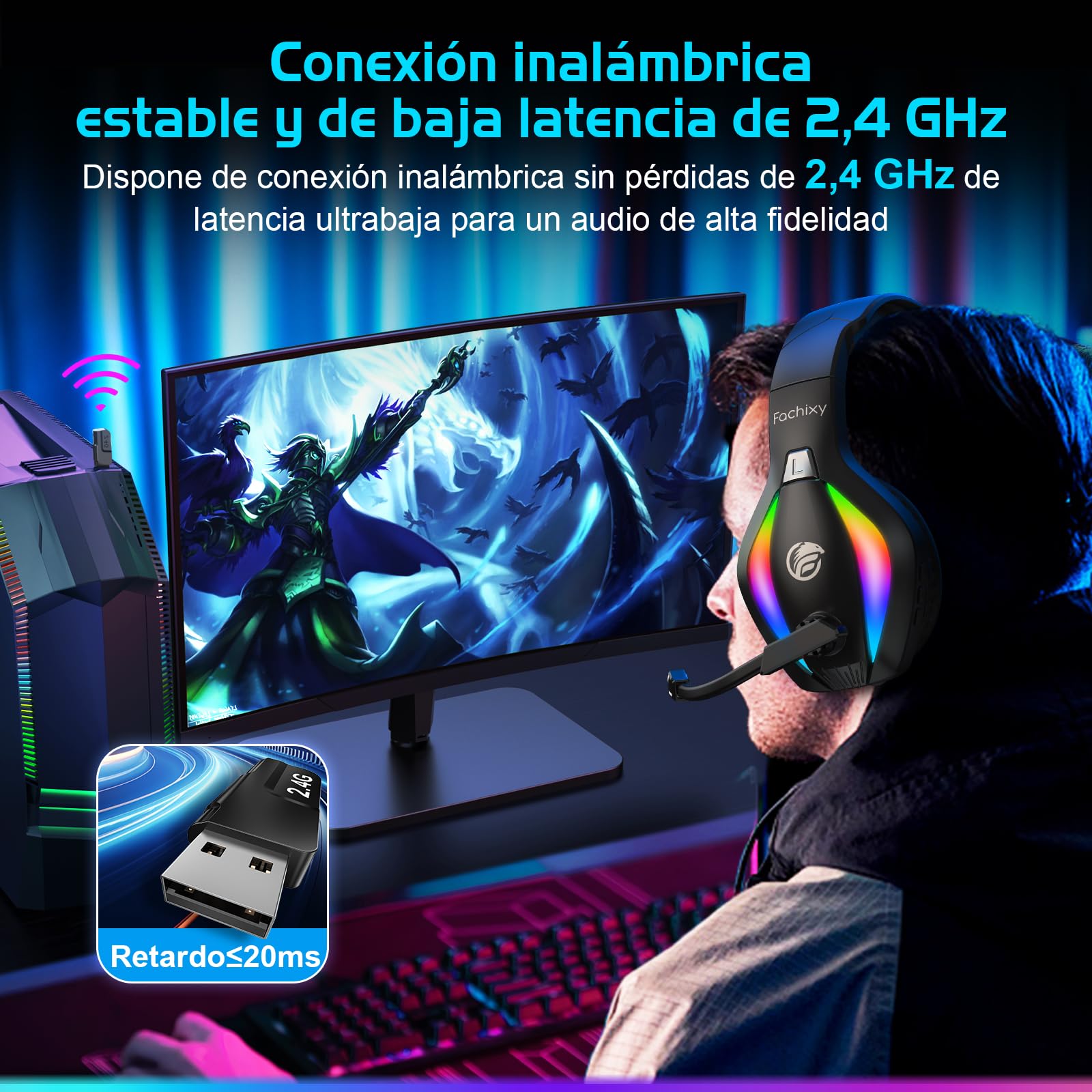 Fachixy「2025 Nuevo」FC100 Cascos Gaming Inalámbricos para PC, PS5, PS4, Auriculares Gaming Inalámbricos de 2,4GHz Wireless+Bluetooth - Baja Latencia, Duración 40Hr+, Luces RGB (Negro)