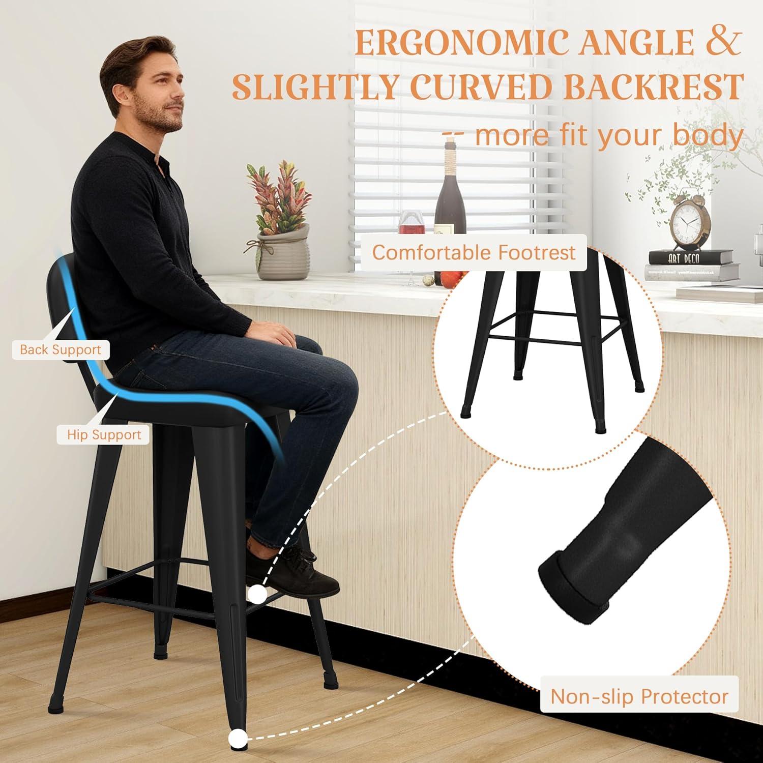 Yongchuang 24" Black Bar Stools Set of 4 Upholstered PU Leather Counter Height Stools with Removable Back Metal Legs Modern Kitchen Island Bar Chairs