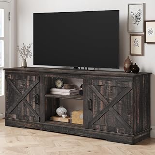 DWVO Farmhouse TV Stand for TVs up to 65, Double Barn Doors, Rustic Oak