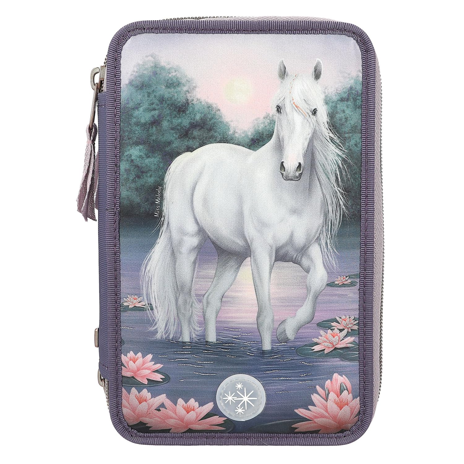 Depesche 12947 Miss Melody - Gefüllte 3-Fach Federtasche in Lila, mit LED, Seerosen und Pferde Motiv, Federmappe mit Buntstiften, Lineal, Schere uvm.