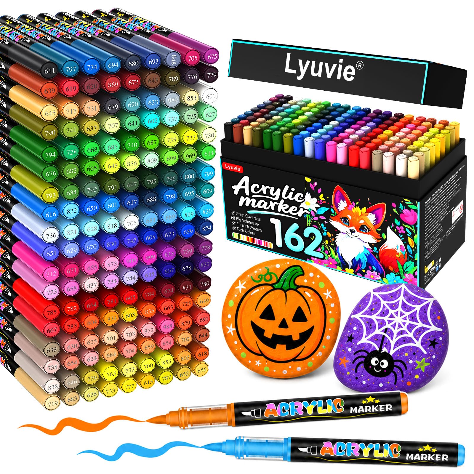 Lyuvie Set di 162 Colorati pennarelli acrilici a base d'acqua, pennarelli permanenti per pittura su roccia, pietra, legno, carta, tessuto, ciottoli, vetro, plastica