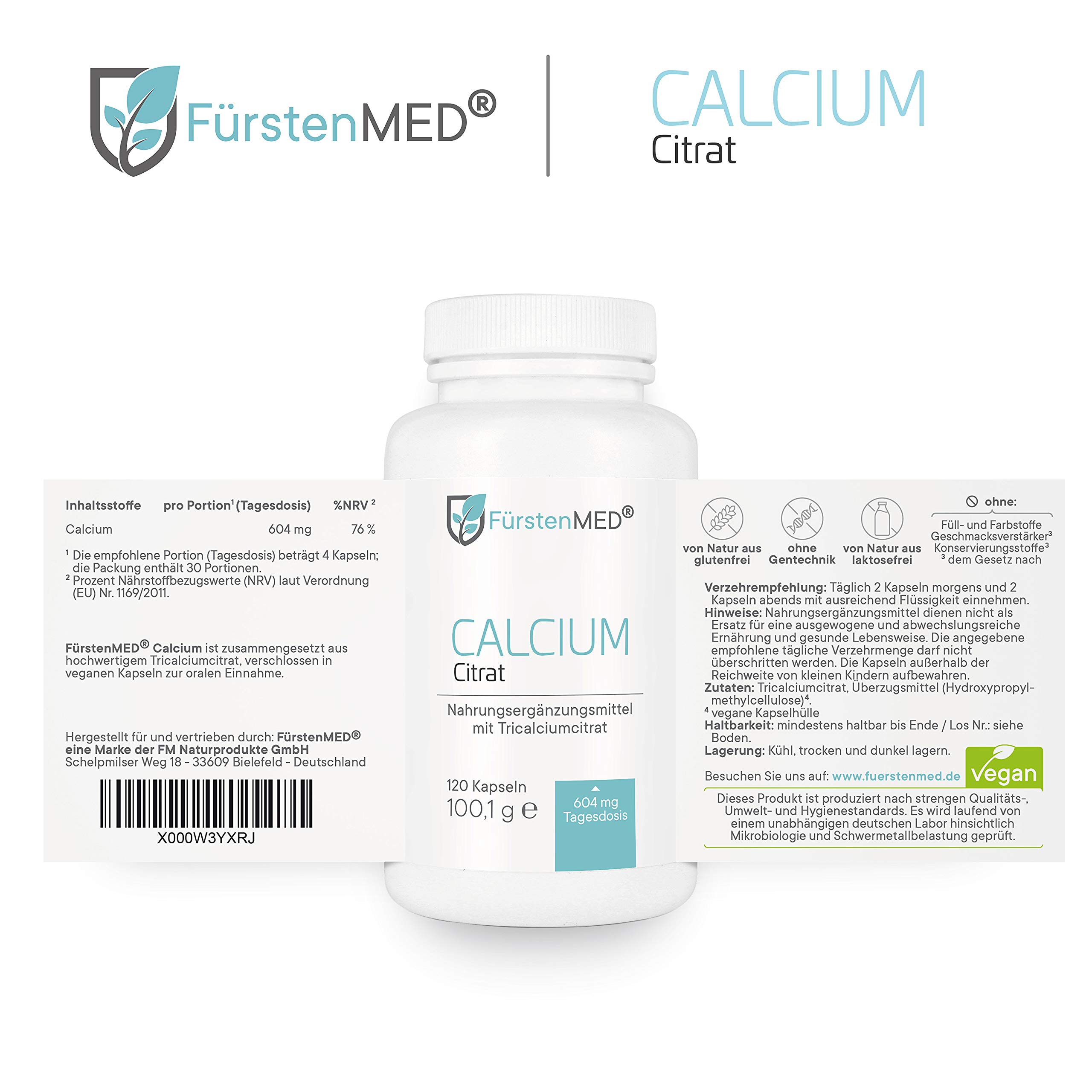 FürstenMED® 120 Calcium Citrat Kapseln (Hochdosiert) - Reines Tricalciumcitrat - Vegan - Laborgeprüft & Ohne unerwünschte Zusatzstoffe