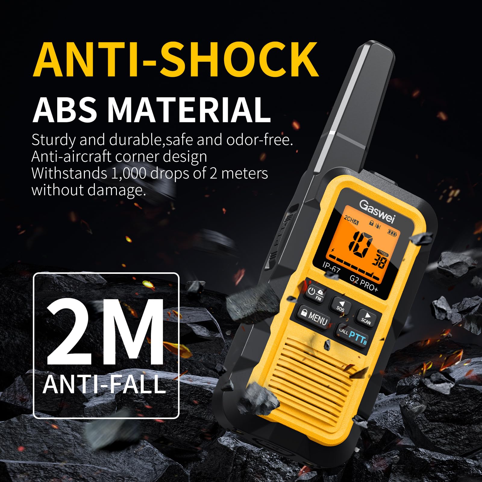 IP67 Waterproof & Floats with Dual PTT | G2Pro Professional Long Range Walkie Talkies for Adults 2 Pack | SOS Alarm, FM Radio, Rechargeable for Outdoor, Camping & Work (Yellow) — view 4
