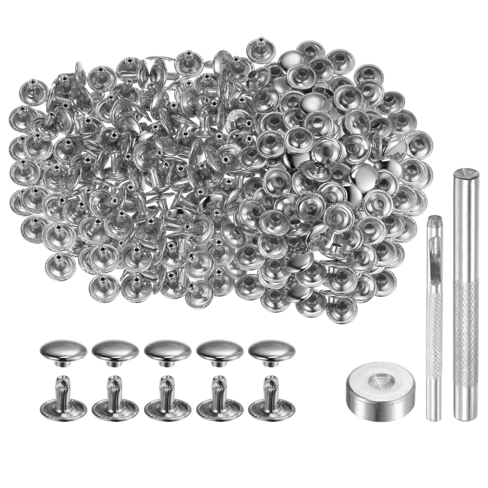 200 Sets Leather Rivets 10 mm x 8 mm Metal Double Cap Rivets Press Studs Fasteners with 3 Pieces Tools for Setting for Leather Craft Repair Decoration, Silver Tone